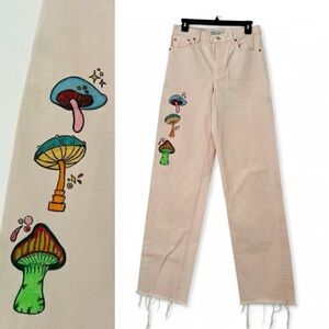 Zara Hand painted pink mushroom print straight leg jeans